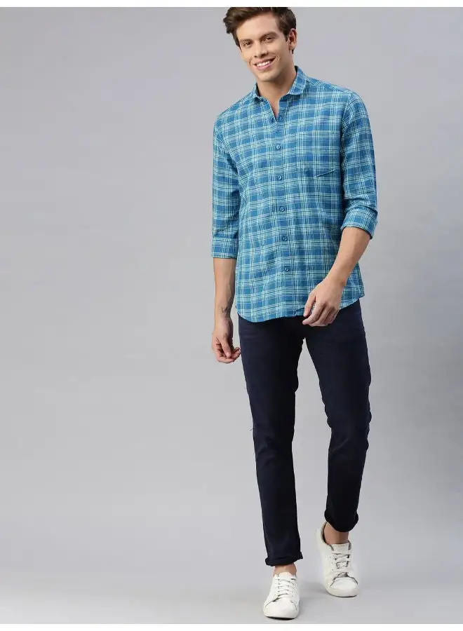 Mast & Harbour Checked Printed Casual Shirt Blue