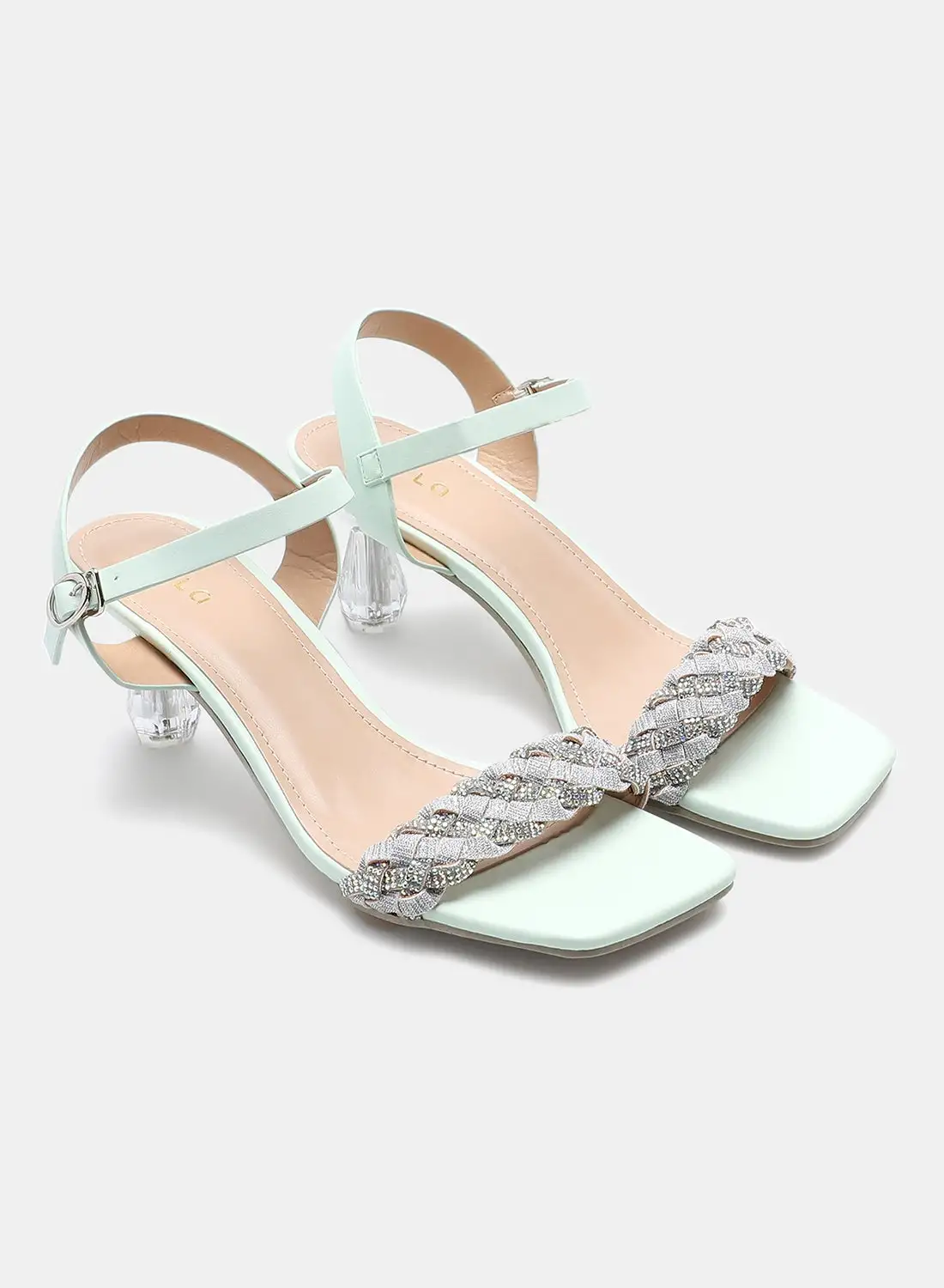 Aila Stone Embellished Braided Strap Heeled Sandals Mint/Silver