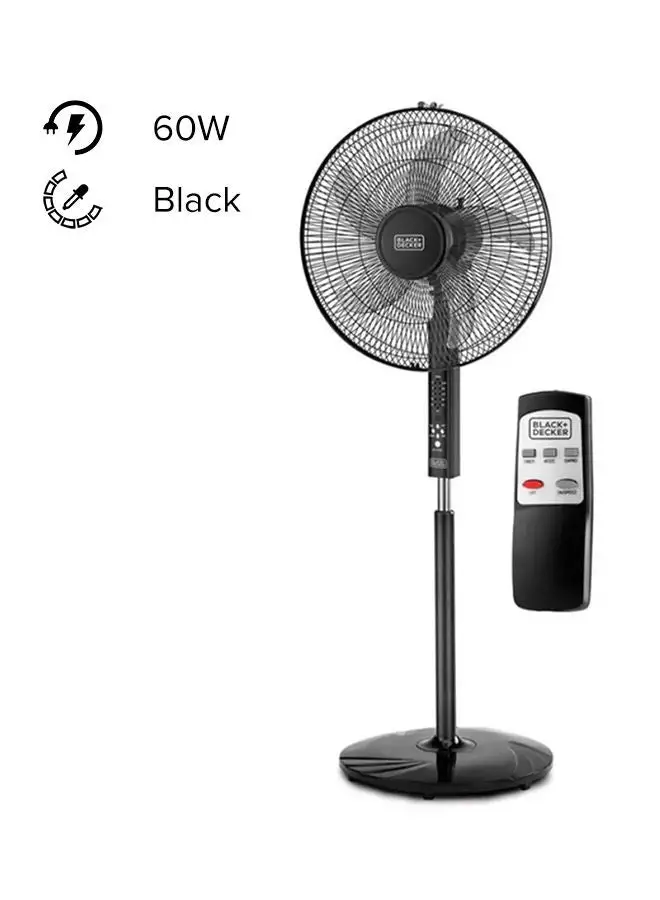 BLACK+DECKER 60W Stand Fan 16 Inch Diameter, 90° Wide Swing 3 Speeds Plus Modes And 5AS Blade With Remote Control, For The Perfect Temperature 60 W FS1620R-B5 Black