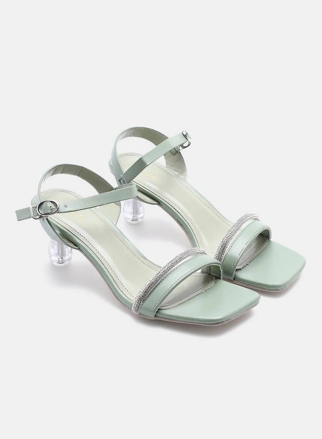 Aila Stone Embellished Strap Heeled Sandals Olive/Silver