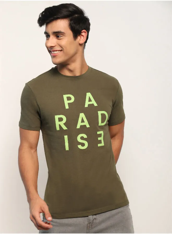 QUWA Men Graphic print Slim Fit T-Shirt in color Olive