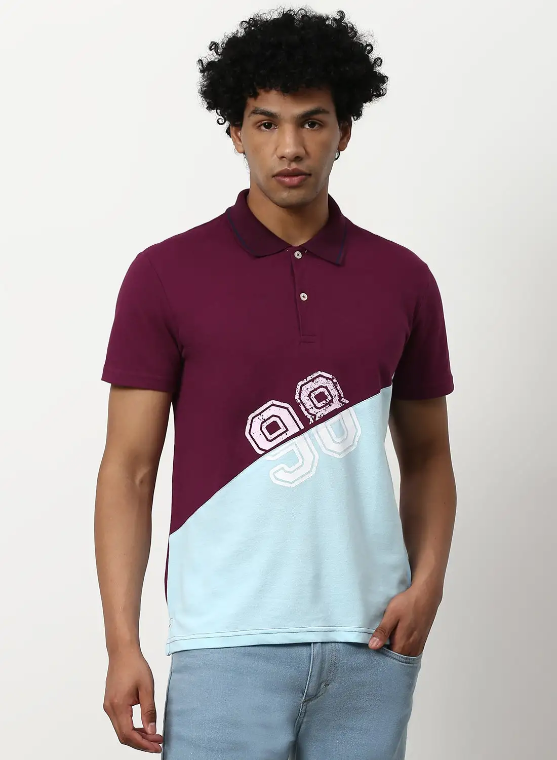 ABOF Colourblock Pattern Casual Slim Fit Polo Purple/Light Blue