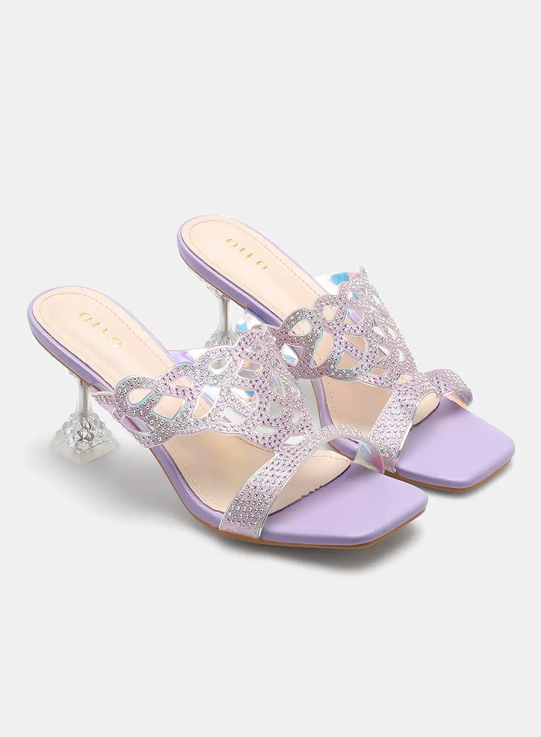 Aila Stone Embellished Strap Heeled Sandals Lilac/Silver