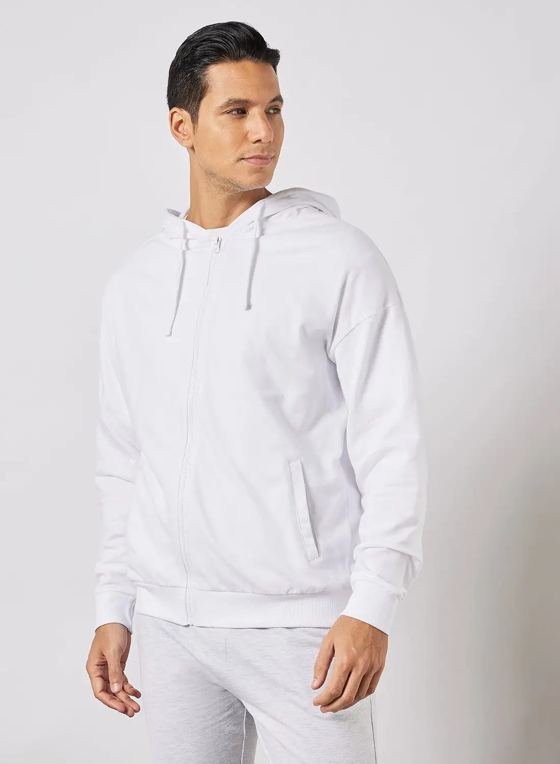 Noon East Men's Casual Hoodie With Zip and Side Pockets White