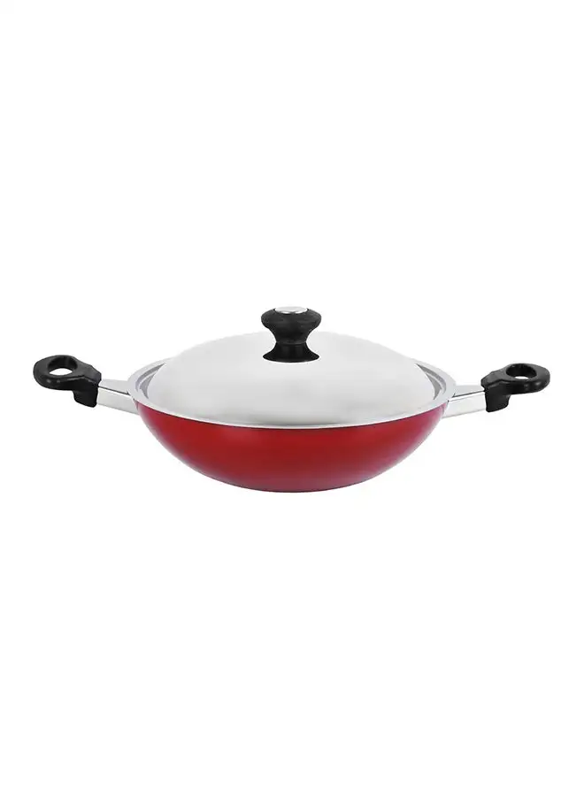 Prestige Flat Bottom Kadai Red/Silver/Black 28cm