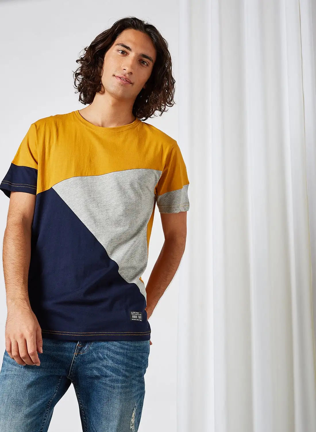 ABOF Color Block Crew Neck T-Shirt Mustard