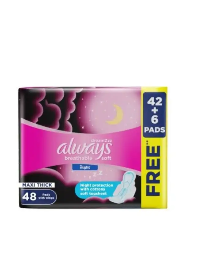 Always Breathable Soft Maxi Thick Night Sanitary Pads 48 Count