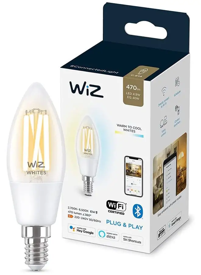 Wiz Wiz Smart Light Bulb Filament Clear Candle Light C35 E14 Tunable White Wi-Fi Compatible With Google Assistant Alexa And Siri