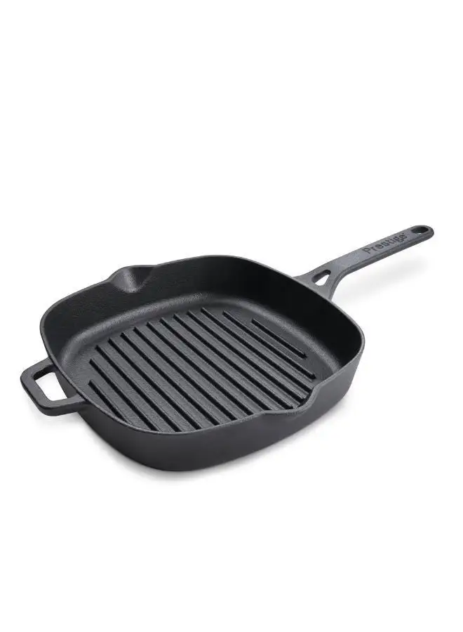 Prestige Prestige Cast Iron Grill 24 CM | Iron Grill Pan with Handle | Pre Seasoned Induction Cookware Black - PR48897