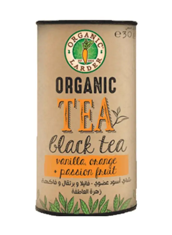 Organic Larder Organic Black Tea Vanilla Orange And Passion Fruit 30grams