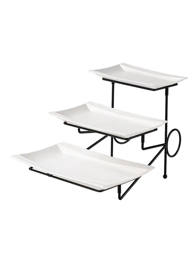 Shallow Shallow Porcelain 3-Tier Serving Plate with Black Stand Rack - 23cm + 28cm + 33cm