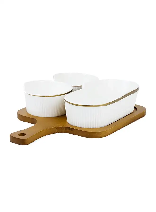 Shallow Shallow Porcelain New Bone China Verde 3-Compartment Serving Set with Bamboo Tray - Elegant Culinary Presentation