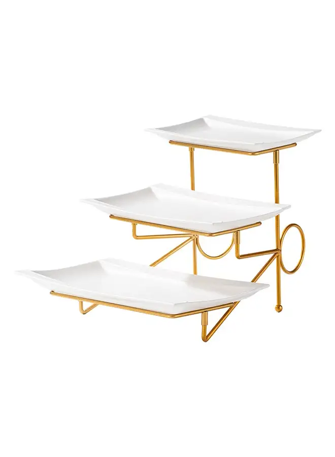 Shallow Shallow Porcelain 3-Tier Plate with Gold Stand Rack - 23cm + 28cm + 33cm