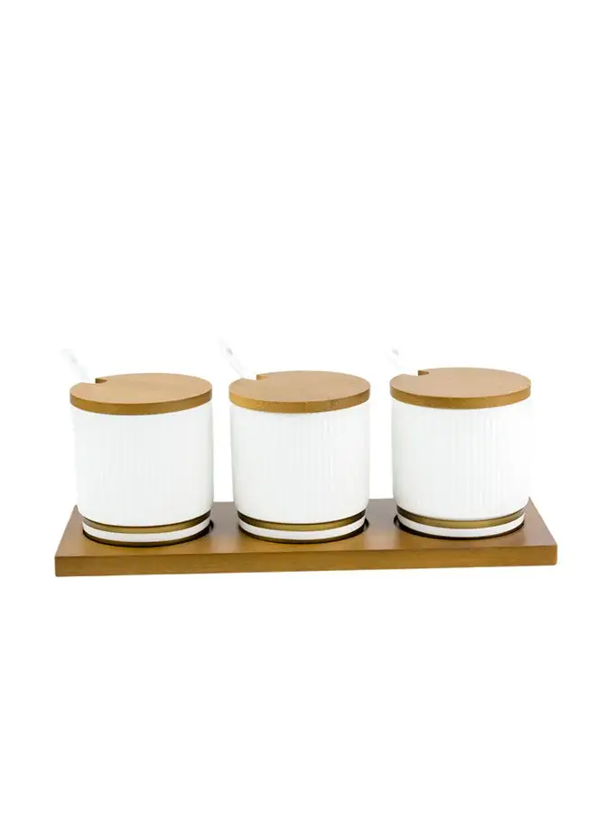 Shallow Shallow Porcelain New Bone China Verde 3-Compartment Condiment Set with Bamboo Tray - Elegant Tabletop Delight