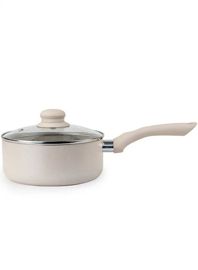 Wilson Wilson Oak Sauce Pan with Glass Lid and Marble Coating Nonstick Induction - Flat Bottom, Cast Aluminum – Dia 18cm - Cream