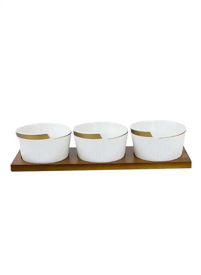 Shallow Shallow Porcelain New Bone China Verde 3-Piece Bowl Serving Set with Bamboo Tray - Elegant Culinary Presentation