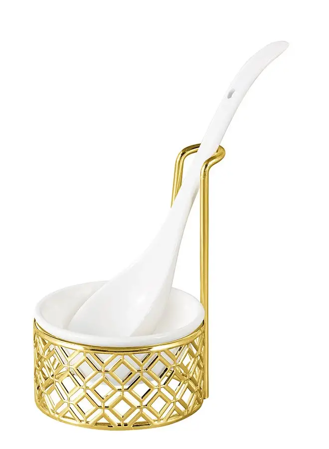 Shallow Bone China Shallow Soup Spoon Rest in Gold Metal Rack with Serving Spoon, White/Gold, CX1015S