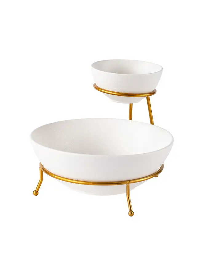 Shallow Shallow Porcelain Chip & Dip Bowl Set with Gold Stand Rack - 12cm and 24cm