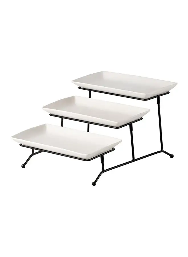 Shallow Shallow Porcelain 3-Tier Rectangular Serving Set with Black Stand Rack - 3 Pieces, 29cm