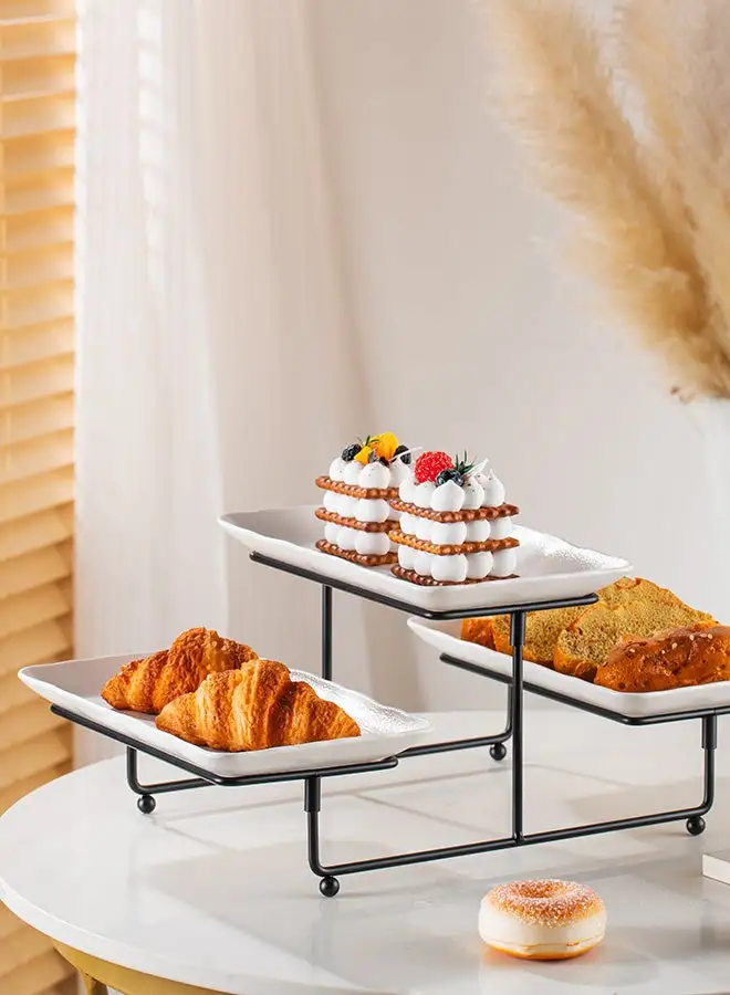 Shallow Shallow Porcelain 2-Tier Rectangular Serving Set with Black Stand Rack - 3 Pieces, 25cm