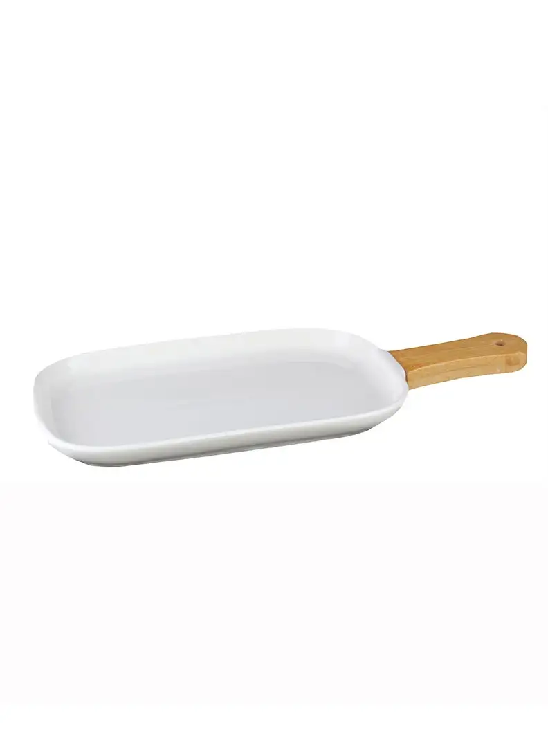 Shallow Shallow Porcelain Plate with Bamboo Handle - Gourmet Serveware Tableware, 35x15x2.3cm