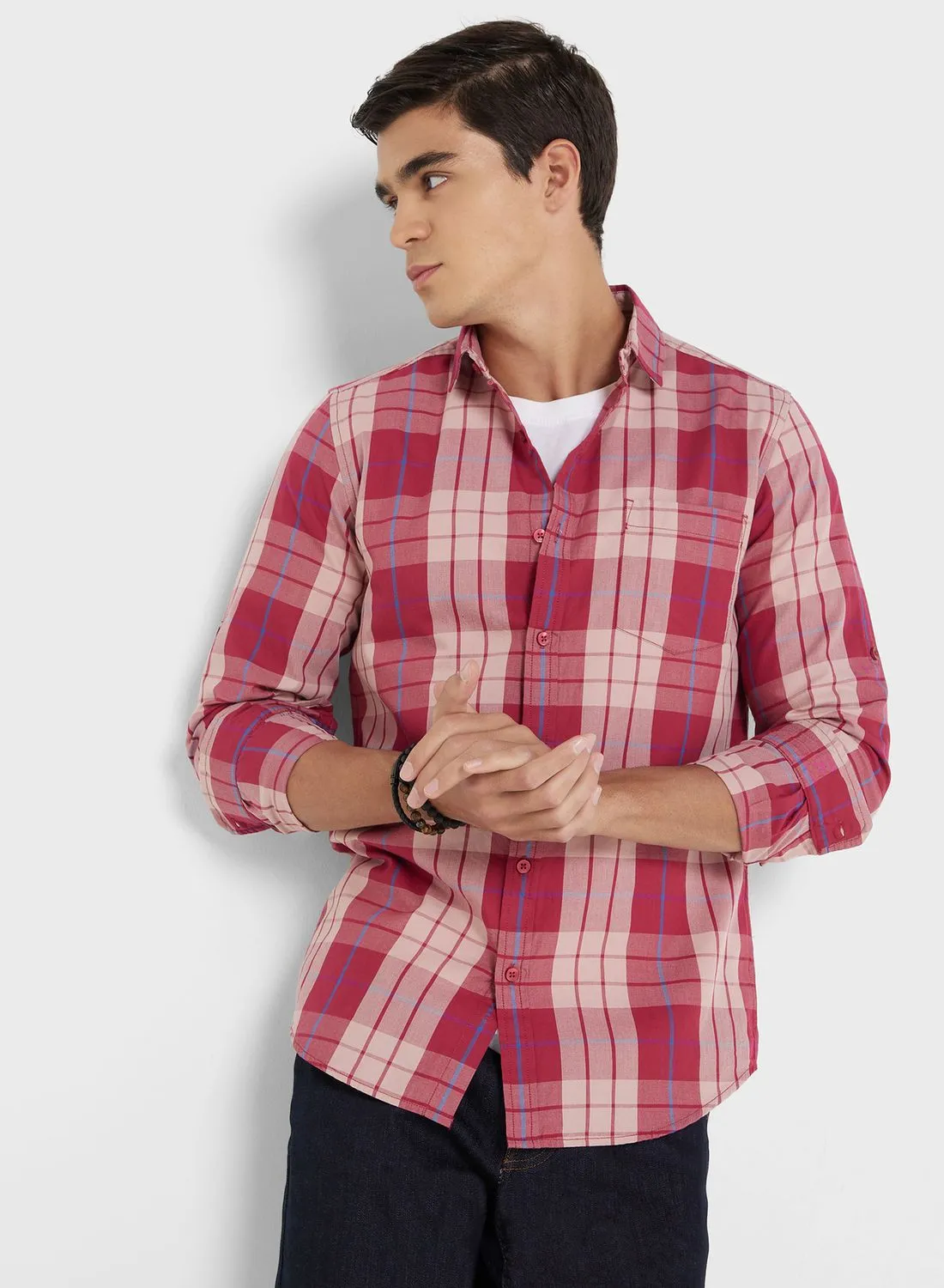 Seventy Five Men Maroon Beige Slim Fit Checked Sustainable Casual Pure Cotton Shirt