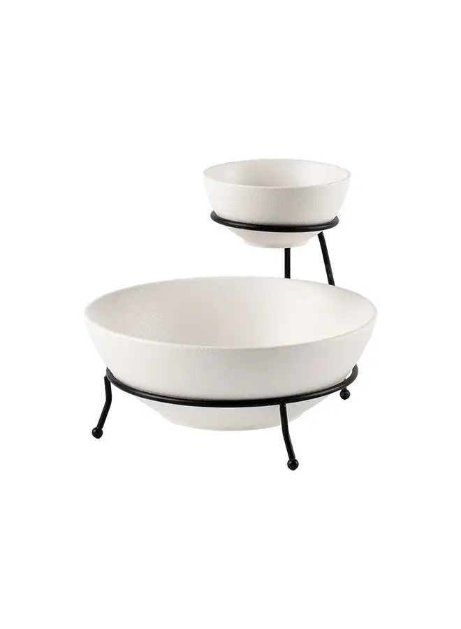 Shallow Shallow Porcelain Chip & Dip Bowl Set with Black Stand Rack - 12cm and 24cm