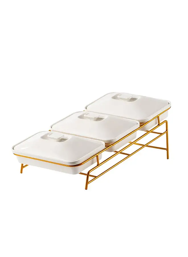 Shallow Shallow Porcelain 3-Tier Casserole Set with Gold Stand Rack - 30cm x 3