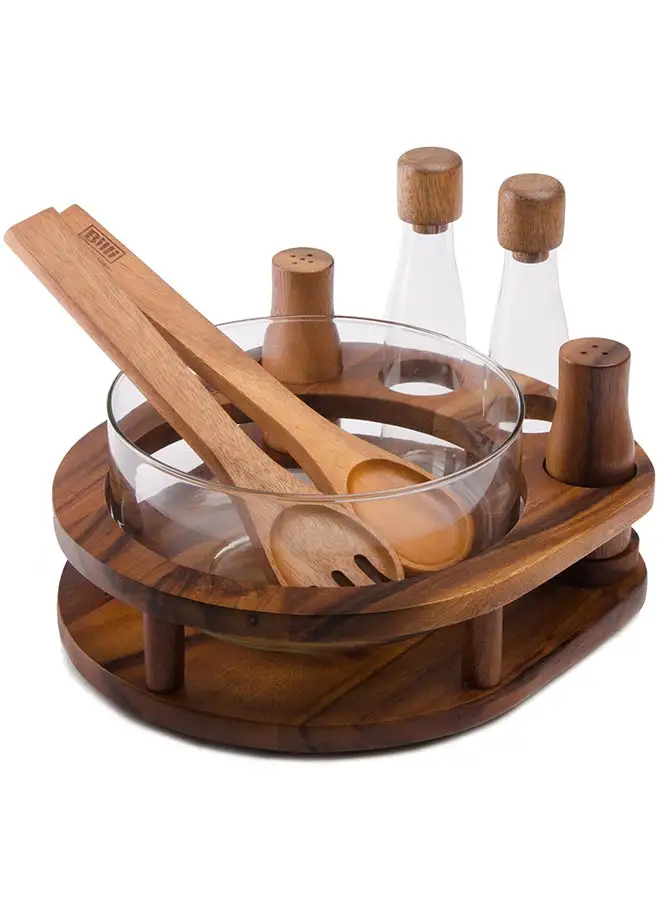 BILLI Wooden Salad Bowl With Cruet Set Brown/Clear