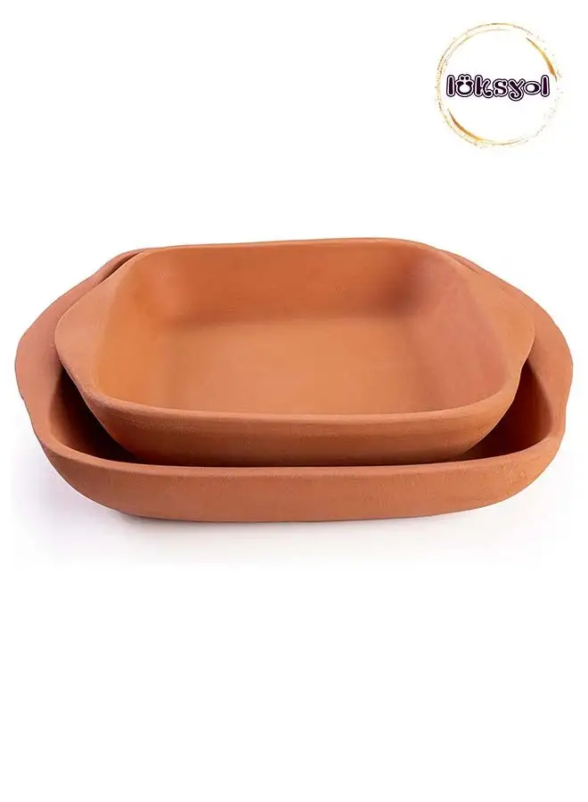 luksYol Luksyol Handmade Terracotta Rectangular Oven Tray  Set of 2 Mexican and Indian Cooking Pans, Unglazed Clay Roasting Pot with Handles - Authentic Culinary Delights for Home Chefs