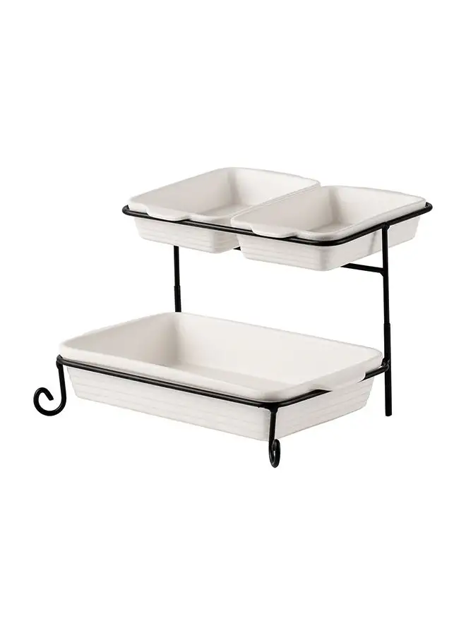 Shallow Shallow Porcelain 2-Tier Rectangular Serving Set with Black Stand Rack - 2x 20cm and 30cm