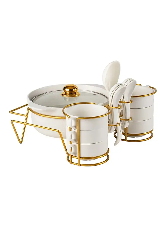 Shallow Shallow Porcelain 15-Piece Soup Set with Matt Fleck Gold Stand Rack