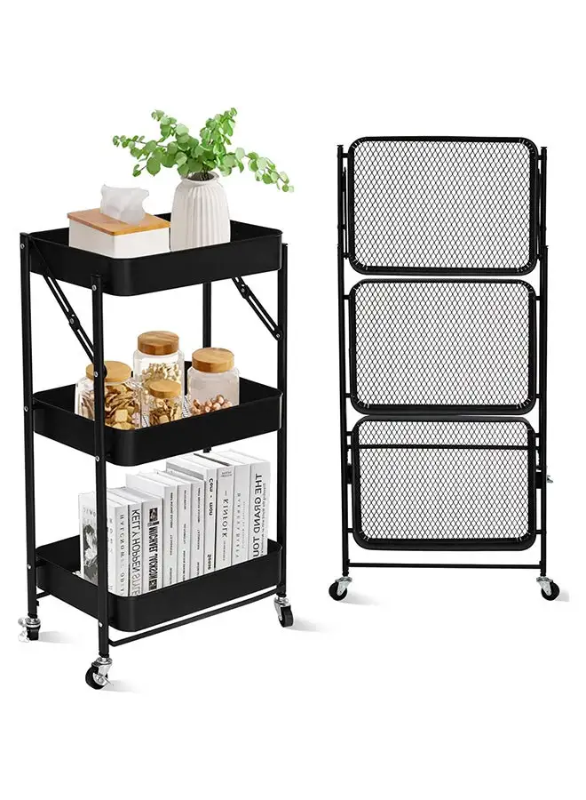 SKY-TOUCH 3 Tier trolley organizer,Foldable Metal Rolling Utility Cart Organizer, Multipurpose Organizer Trolley with Casters for Kitchen, Bedroom, Bathroom, Office, Laundry Room and Garage Black