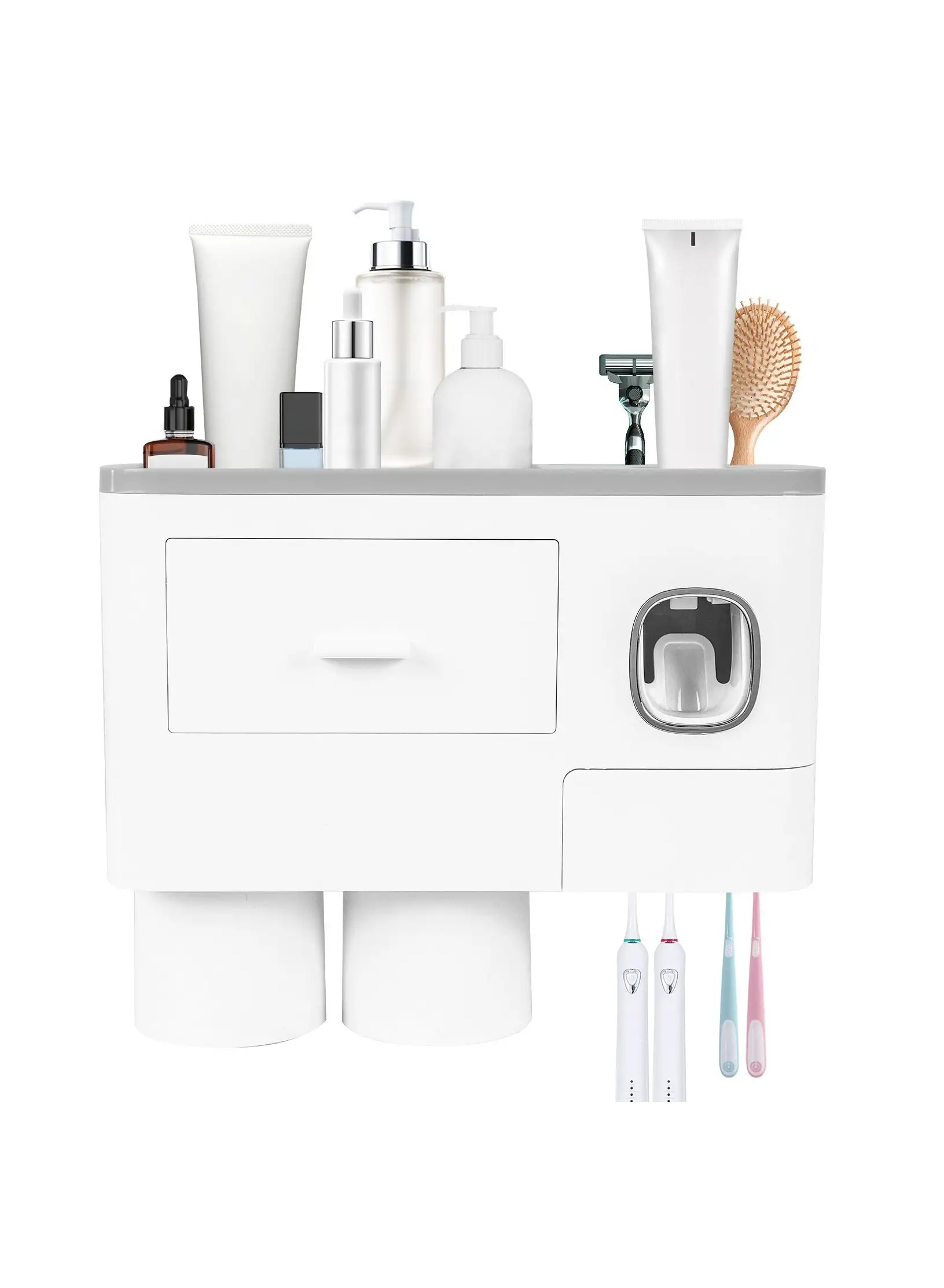 SKY-TOUCH 2 Cups Wall Mounted Toothbrush Holder, Multipurpose Space-Saving Toothbrush and Toothpaste Holder with Drawer for Cosmetics Organizer for Washroom and Bathroom