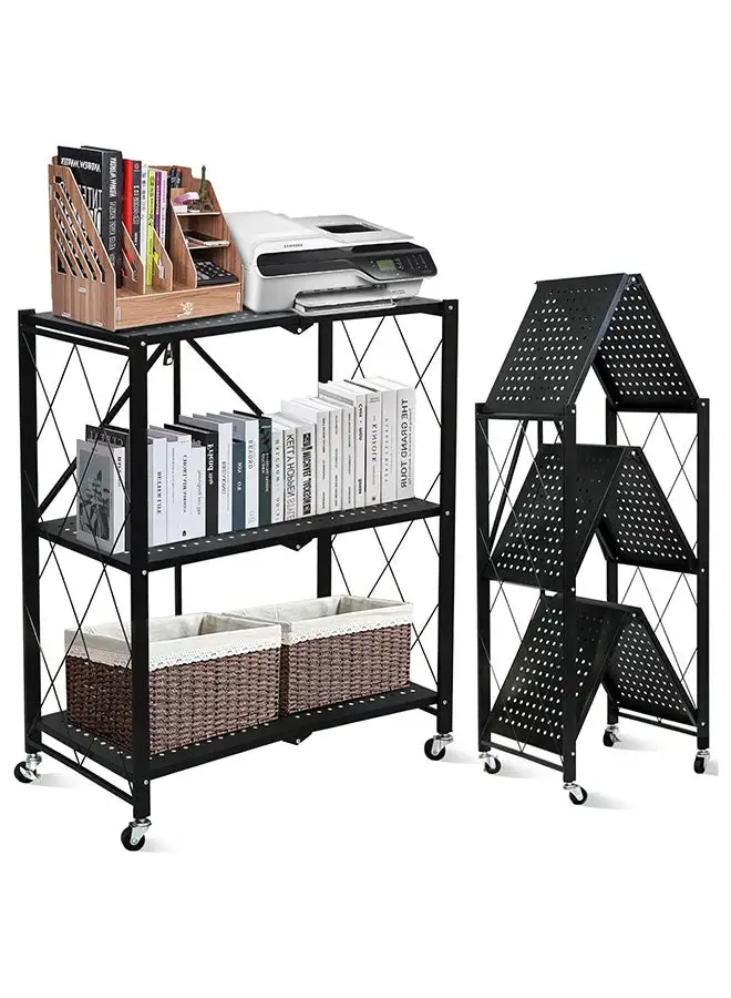 SKY-TOUCH 3 Tier Foldable Storage Shelves, Kitchen Shelf with Caster Wheels, Storage Shelves Easy Assembly Shelf Foldable Storage Shelves for Living Room Bedroom Kitchen Garage Black