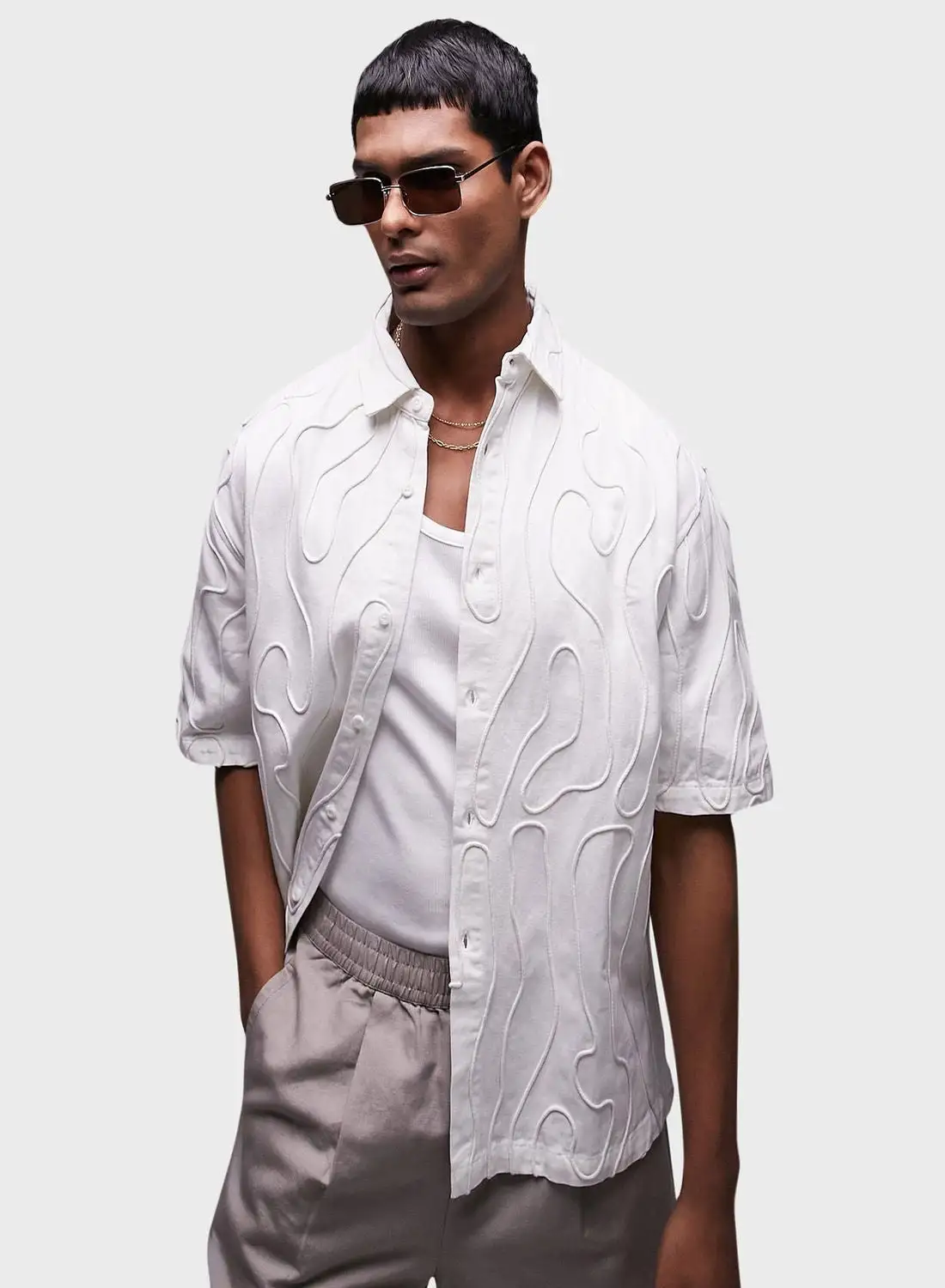 TOPMAN Topman Wavey Panel Detail Shirt In Cream