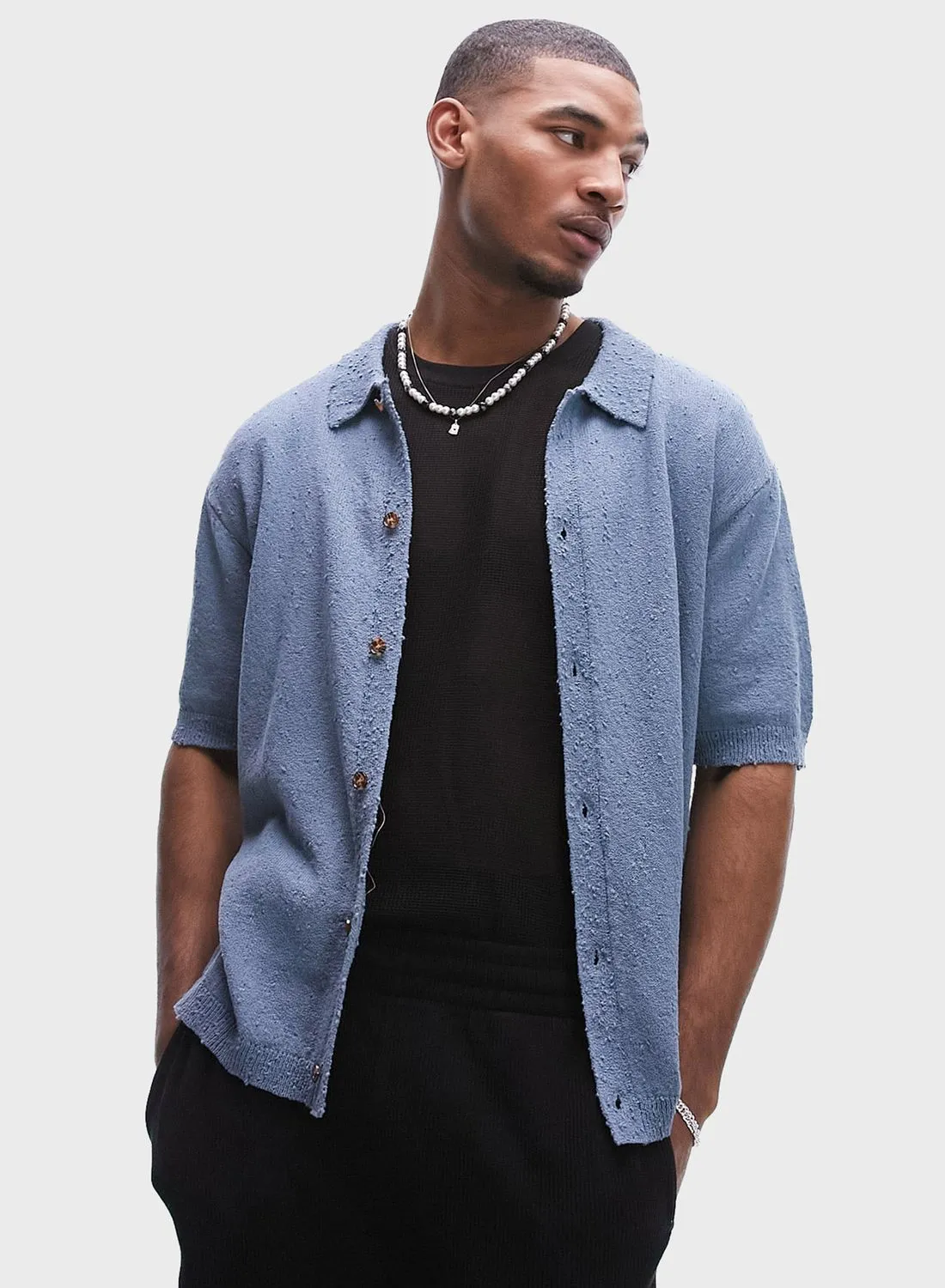 TOPMAN Relaxed Fit Textured Button Through Shirt