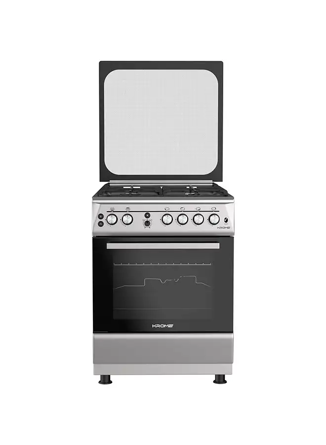 Krome 60x60cm Free Standing Cooker, Cast Iron, Gas Oven, Full Gas Ignition With 4 Burners, Stainless Steel Cooking Range, Double Knob Control, Full Safety, Made In Turkey KR-CR 606KF Inox