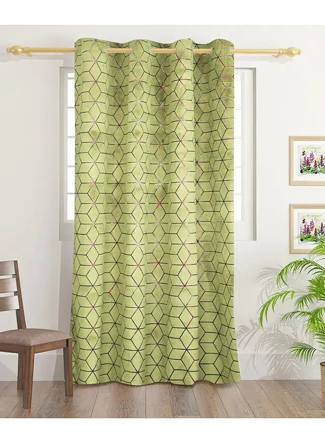 White Rose Squares Velvet Foil Print Curtains With Groomets - Polyester-Single Window Curtain- Sound, Sunlight And Heat Insulation- 240X140Cm - Green