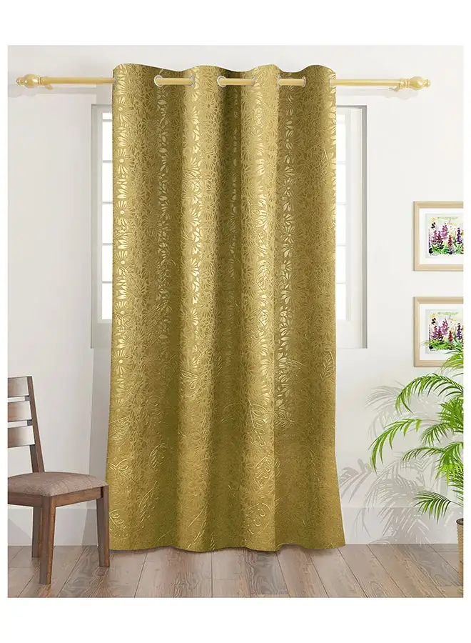 White Rose Flowers Emboss Double Blackout Curtains With Groomets - Polyester- Flowers Design -Single Window Curtain- Sound, Sunlight And Heat Insulation- 260X140Cm -  Golden