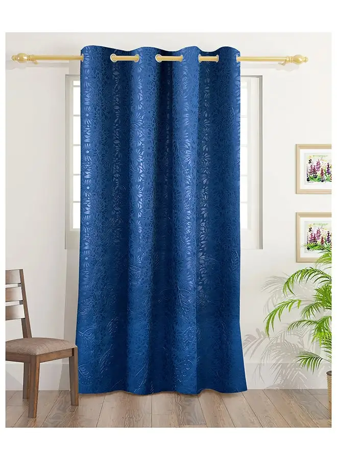 White Rose Flowers Emboss Double Blackout Curtains With Groomets - Polyester- Flowers Design -Single Window Curtain- Sound, Sunlight And Heat Insulation- 260X140Cm -  Blue