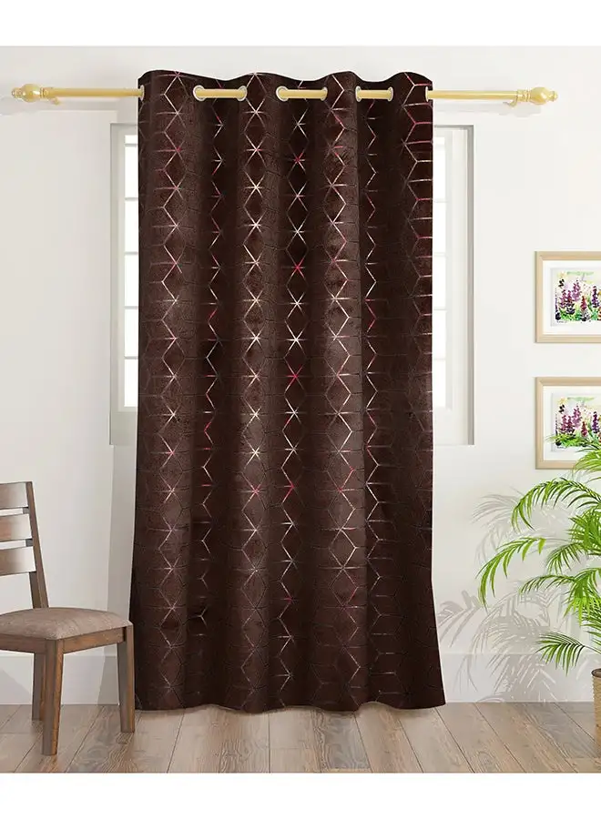 White Rose Squares Velvet Foil Print Curtains With Groomets - Polyester-Single Window Curtain- Sound, Sunlight And Heat Insulation- 240X140Cm - Brown