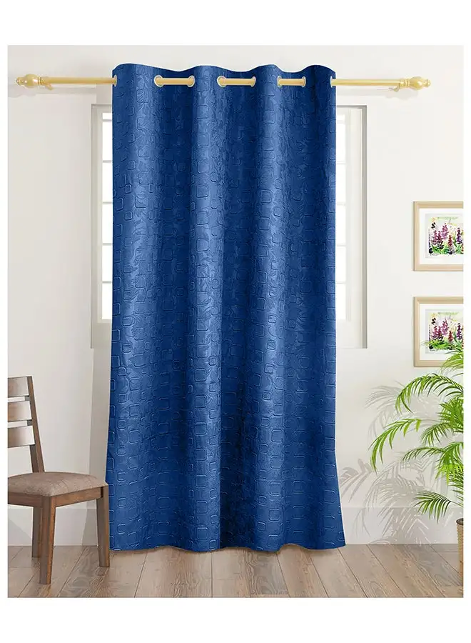 White Rose Square Emboss Double Blackout Curtains With Groomets - Polyester- Square Design -Single Window Curtain- Sound, Sunlight And Heat Insulation- 240X140Cm -  Blue