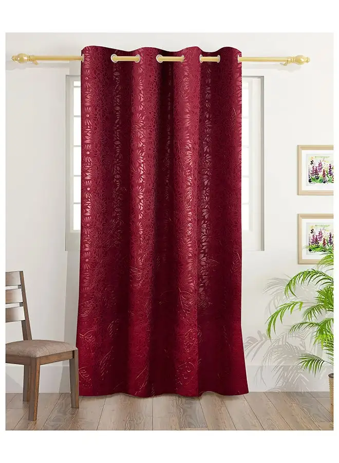 White Rose Flowers Emboss Double Blackout Curtains With Groomets - Polyester- Flowers Design -Single Window Curtain- Sound, Sunlight And Heat Insulation- 260X140Cm -  Maroon