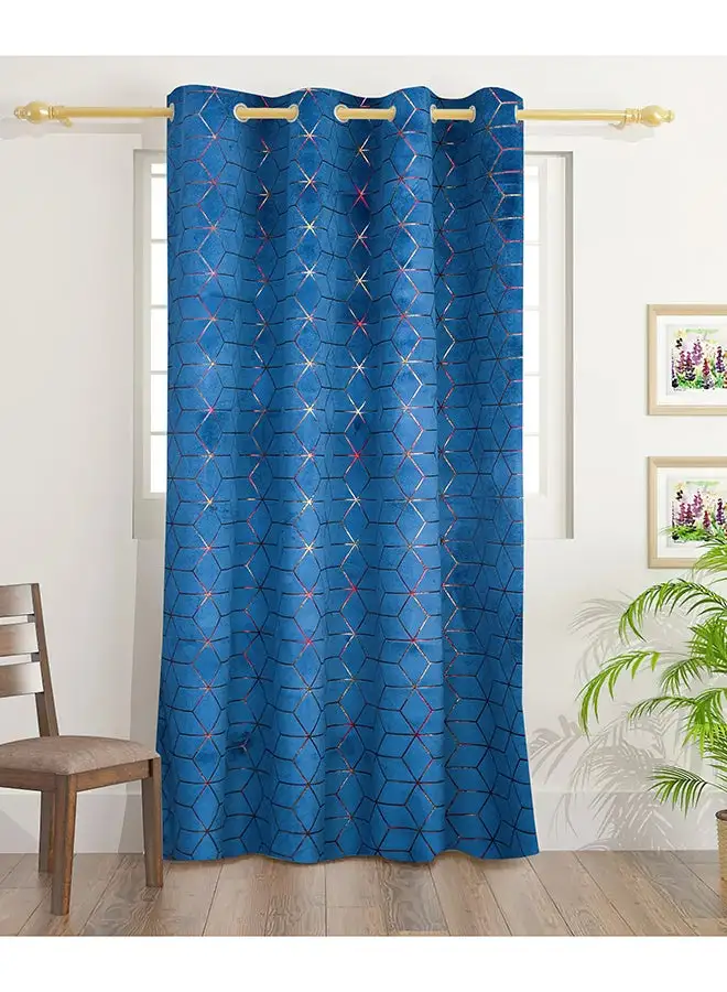 White Rose Squares Velvet Foil Print Curtains With Groomets - Polyester-Single Window Curtain- Sound, Sunlight And Heat Insulation- 240X140Cm - Blue