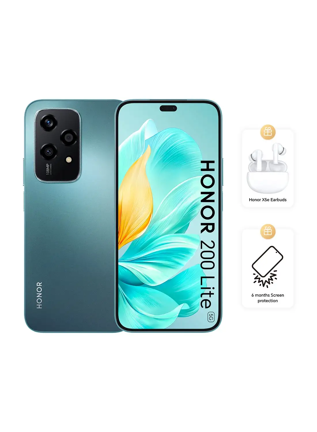 Honor 200 Lite 5G Dual SIM Cyan Lake 8GB RAM + 256GB With FREE Honor X5e Earbuds And 6 Month Screen Protection - Middle East Version