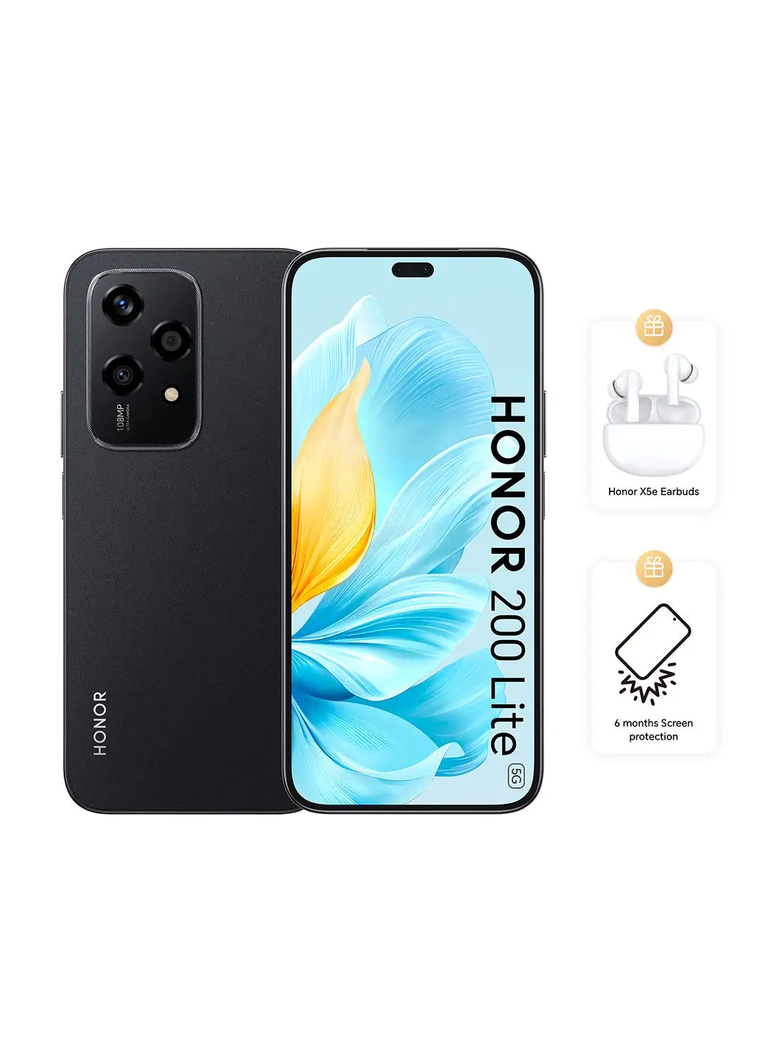 Honor 200 Lite 5G Dual SIM Midnight Black 8GB RAM + 256GB With FREE Honor X5e Earbuds And 6 Month Screen Protection - Middle East Version