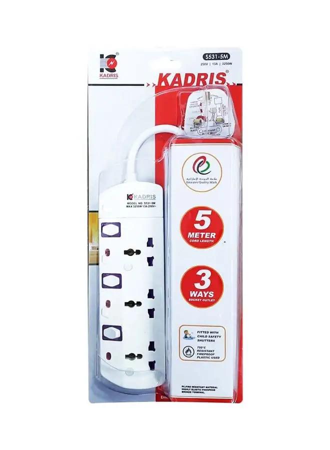 KADRIS Power Strips S531 Heavy Duty Extension Cord with 3 way Outlets with individual switch, Charging Socket with 5 meter Heat resistant  Extension Cord (White)