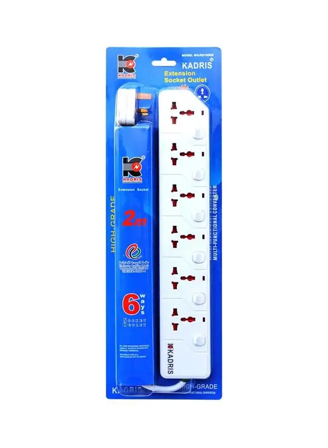 KADRIS Power Strips KD1606S Heavy Duty Extension Cord with 6 way Outlets with switches, Charging Socket with 2 meter Heat resistant  Extension Cord (White)