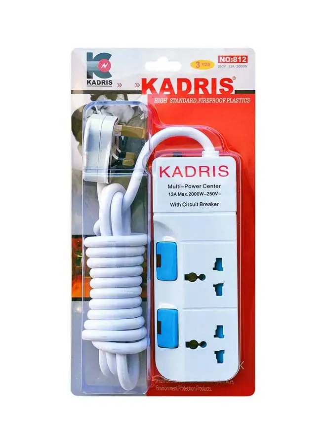 KADRIS Power Strips 812 Heavy Duty Extension Cord with 2 way Outlets with individual switch, Charging Socket with 3 yard Heat resistant  Extension Cord (White)